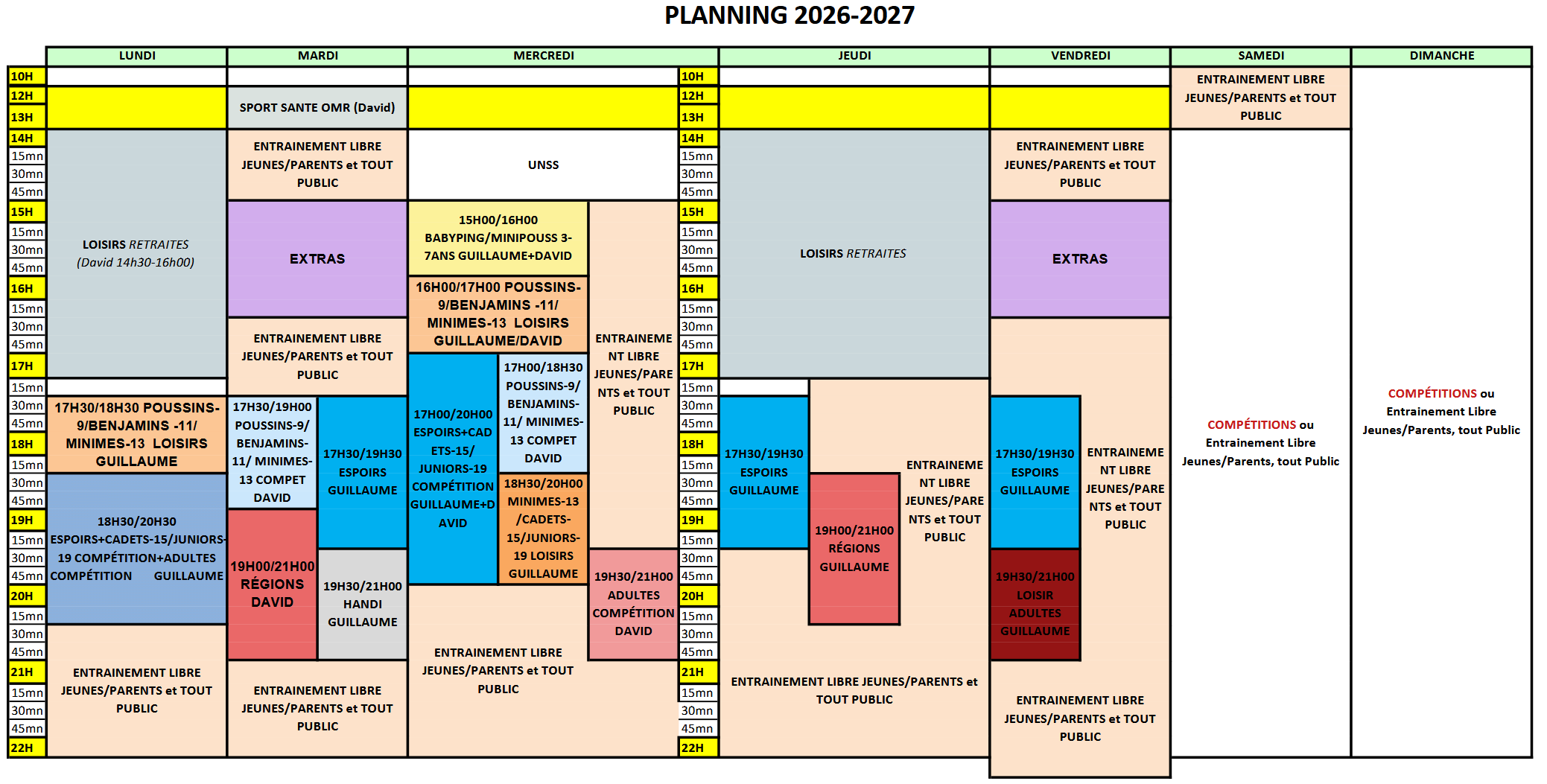 Planning Entraînements 2026-2027