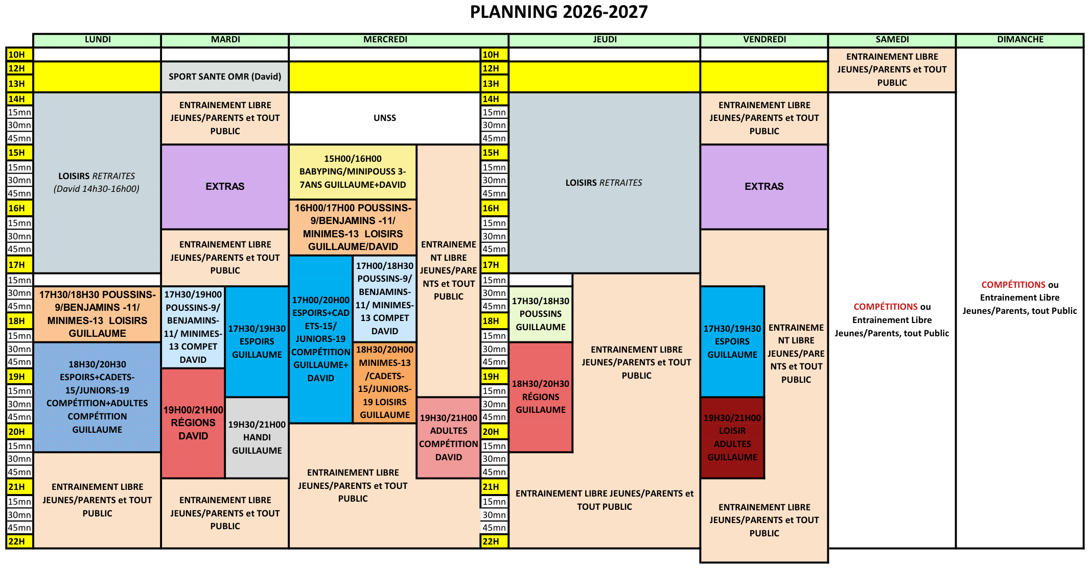 Planning Entraînements 2026-2027
